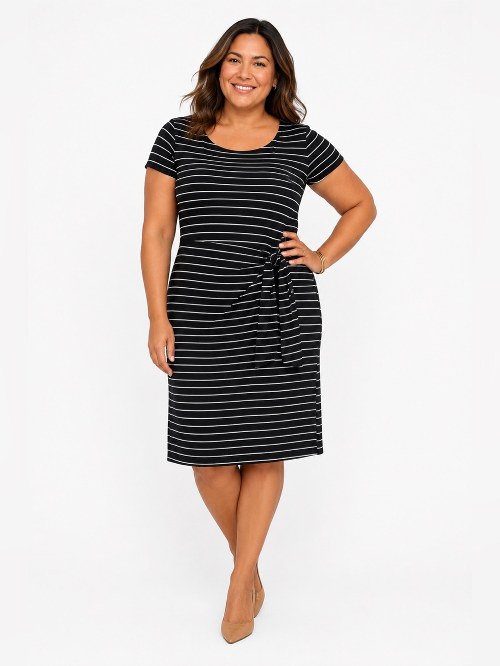 Talbots Black White Striped Tie Waist Stretch Knit Dress Faux Wrap Plus Size 2X